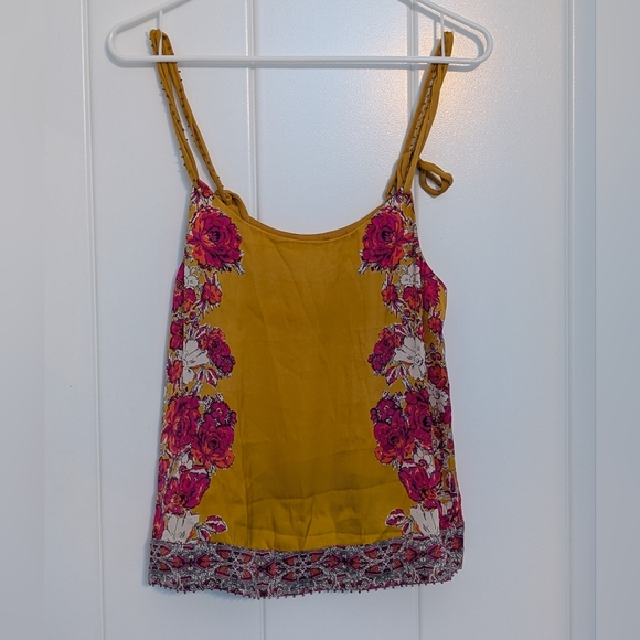 Free People Tops - Free People Move Lightly Double Tie Spaghetti Strap Yellow Pink Floral Tank Top